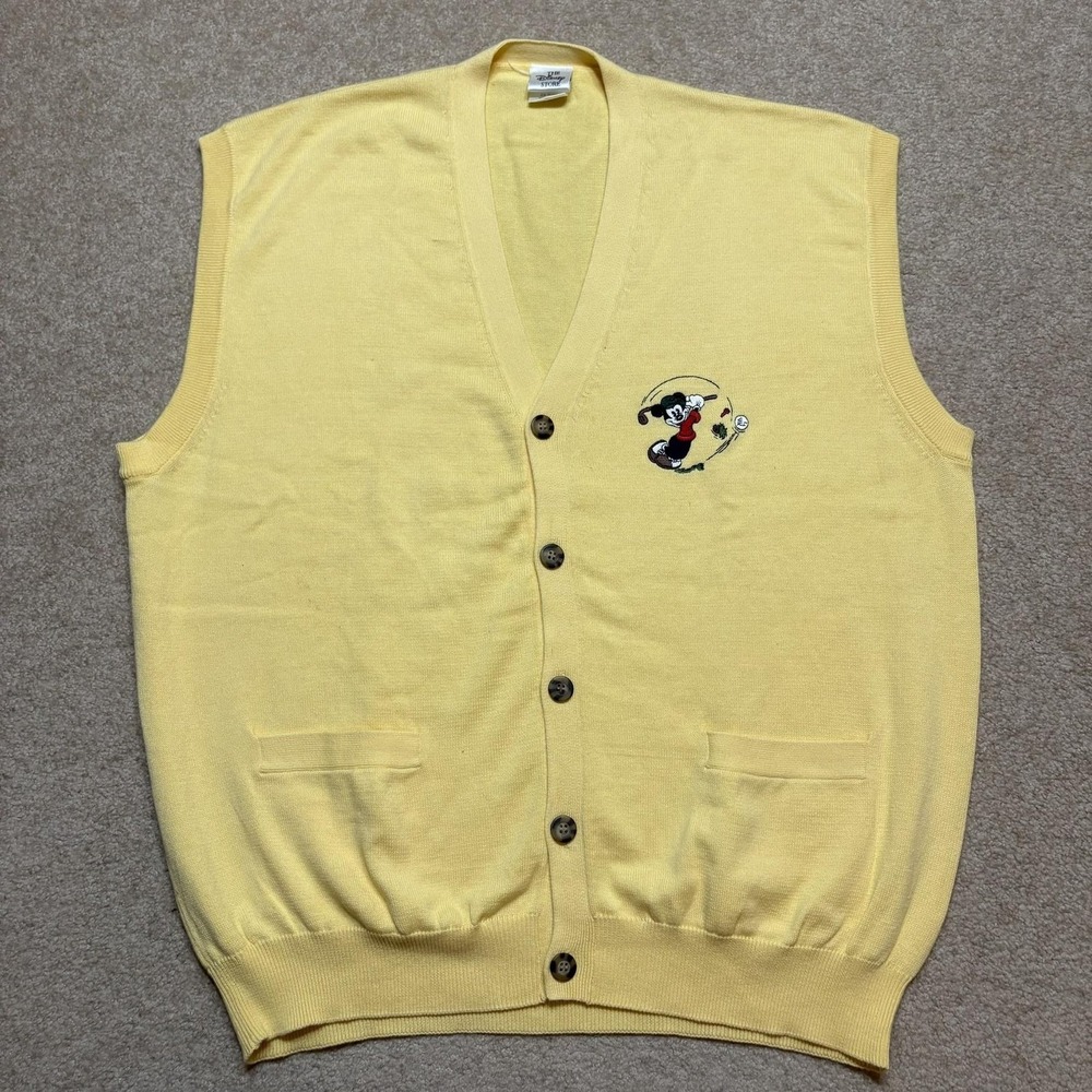 Vtg Mickey Mouse Golf Sweater Vest Mens XL Yellow Disney Store Hong‎ Kong 90s